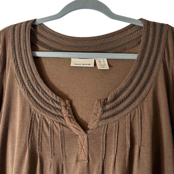 DKNY Jeans XL dark brown scoop notch neck soft 3/4 sleeve long top - Picture 2 of 10